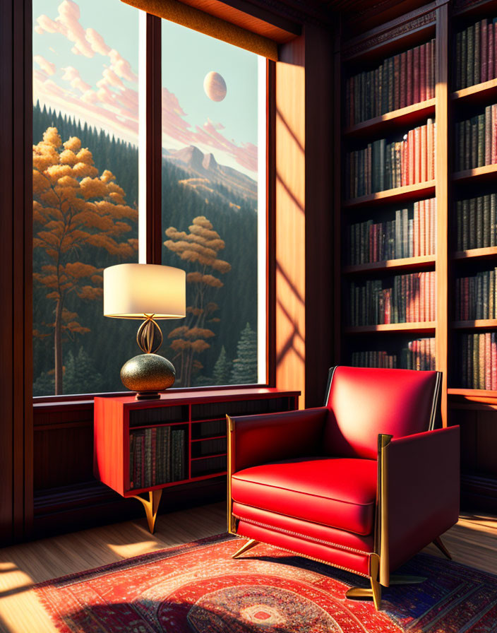 Red armchair and lamp in cozy reading nook with forest and mountain view