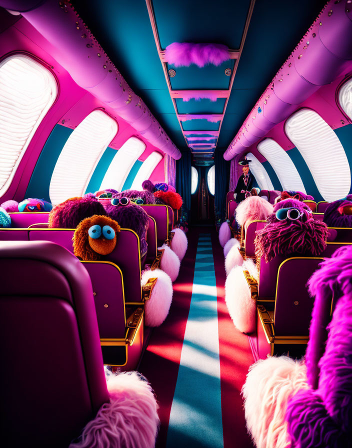 Colorful Interior of Aircraft with Furry Seats and Flight Attendant