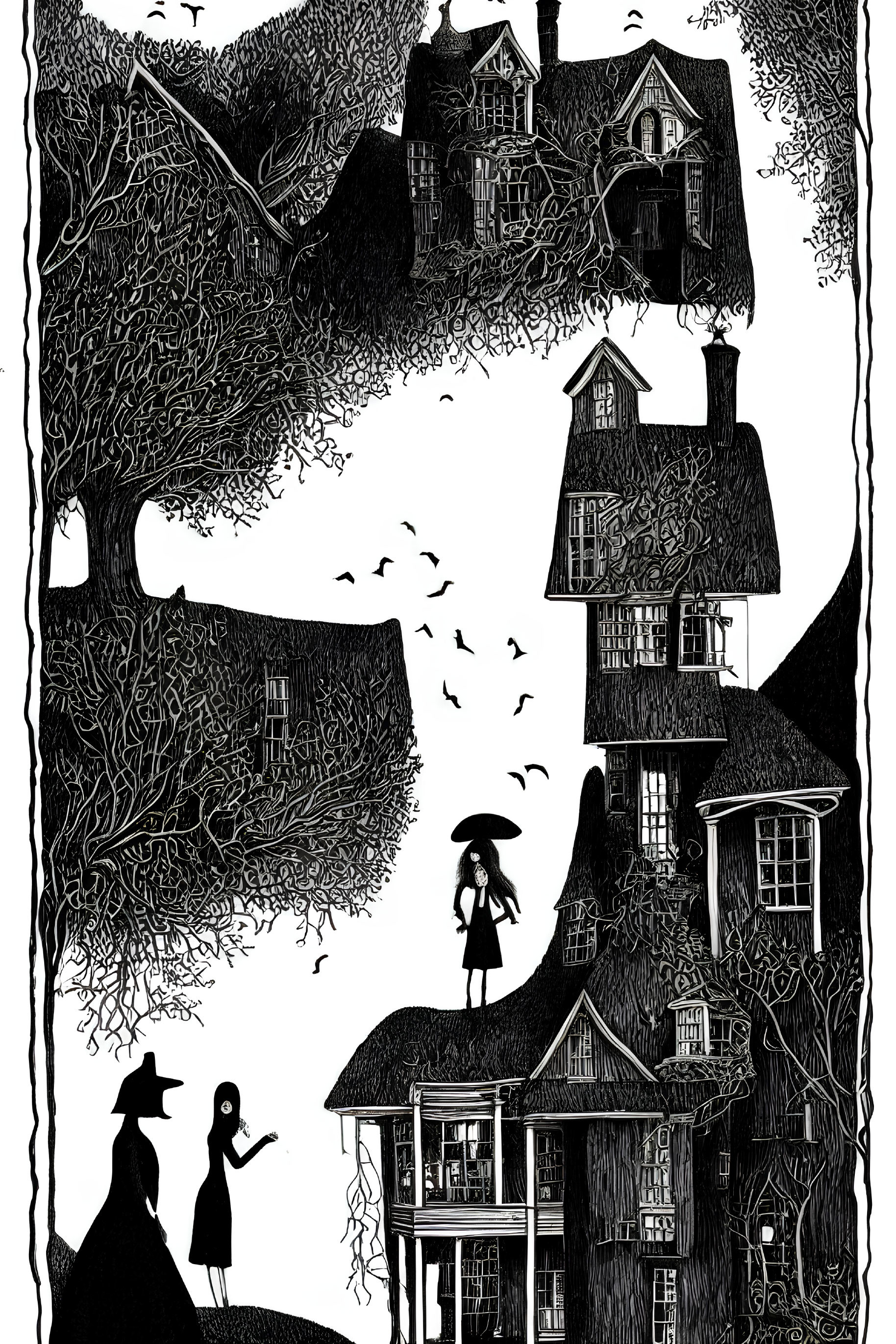 Detailed black and white drawing of whimsical houses, trees, people, and birds.