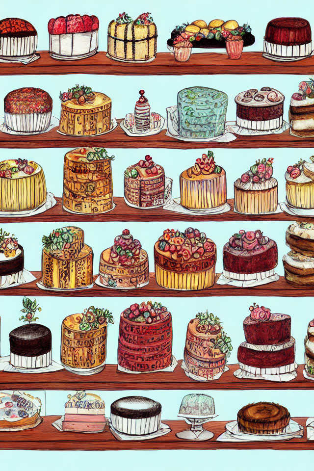 Assortment of Colorful Cakes with Various Toppings and Textures