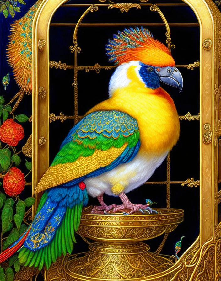 Colorful Fantasy Bird in Ornate Gold Cage with Red Roses