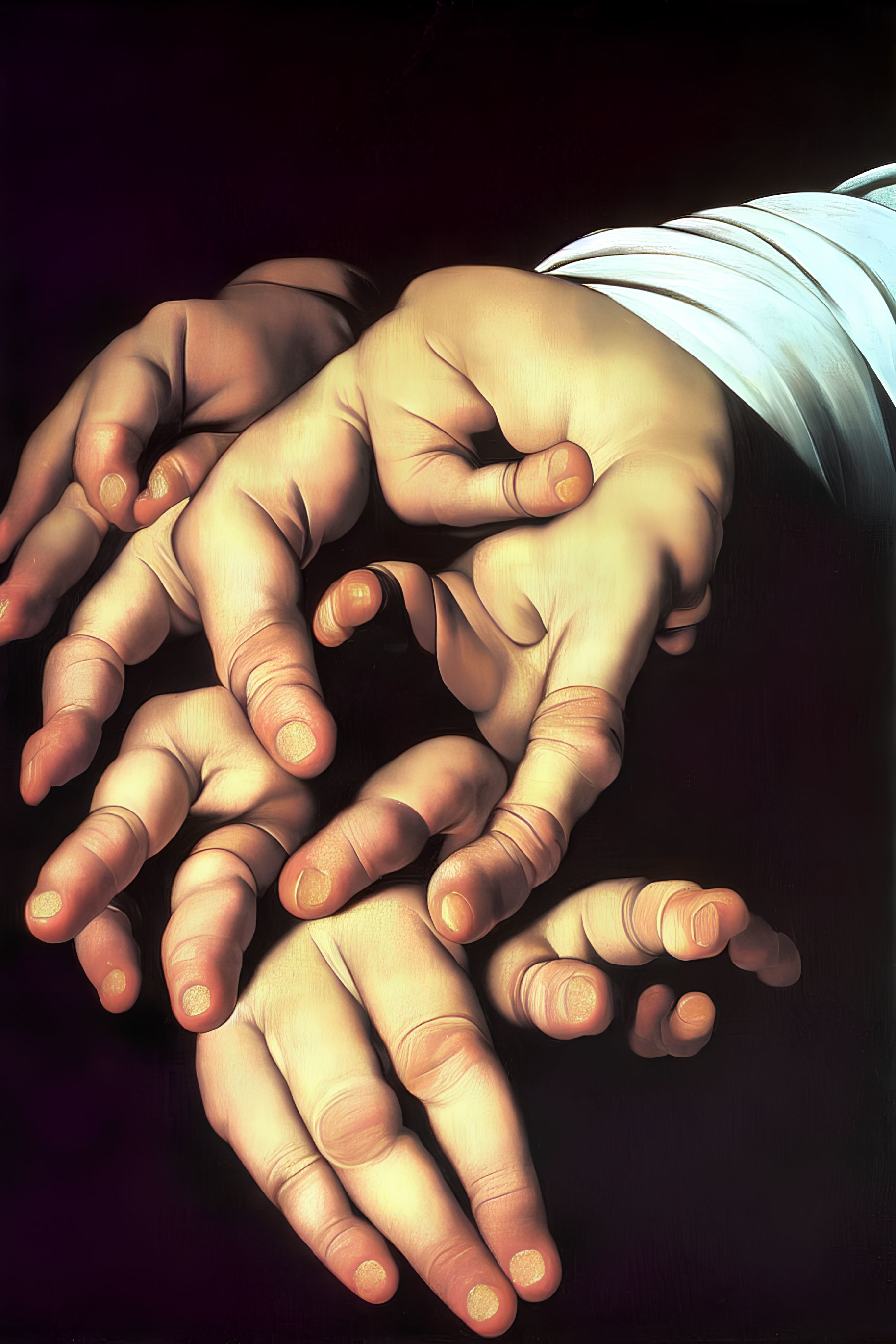 Hyper-realistic painting of overlapping hands with detailed textures on dark background
