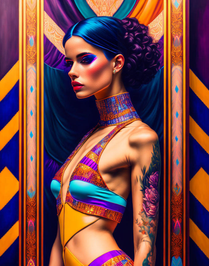Colorful Portrait of Woman with Blue Hair and Tattoo on Vibrant Background