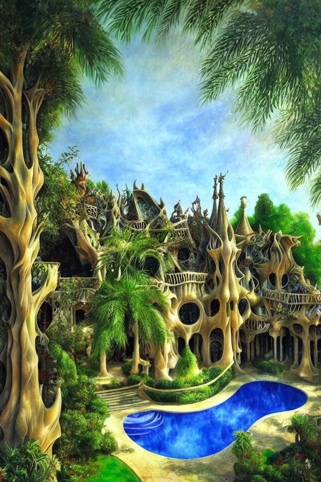 Fantastical painting of organic architecture and lush landscape