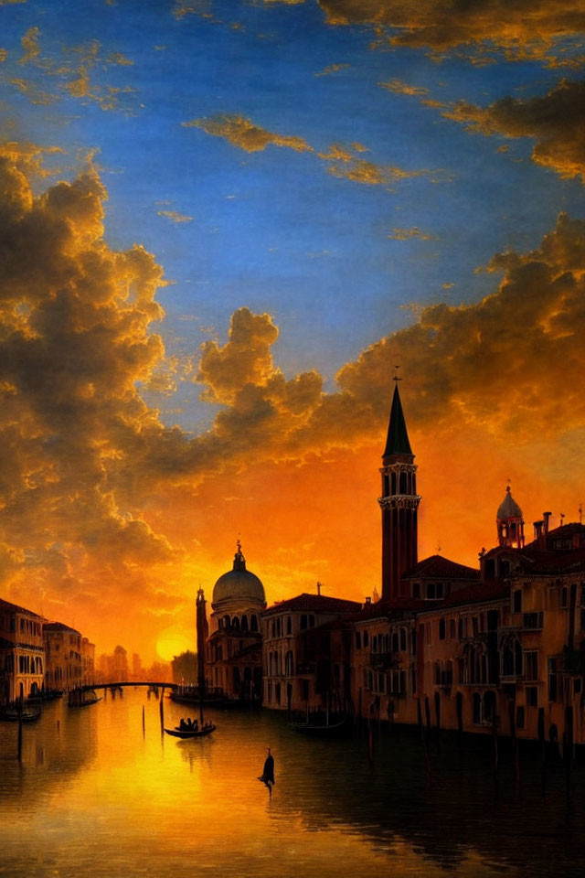Picturesque Venice Sunset with Silhouetted Buildings and Gondolas