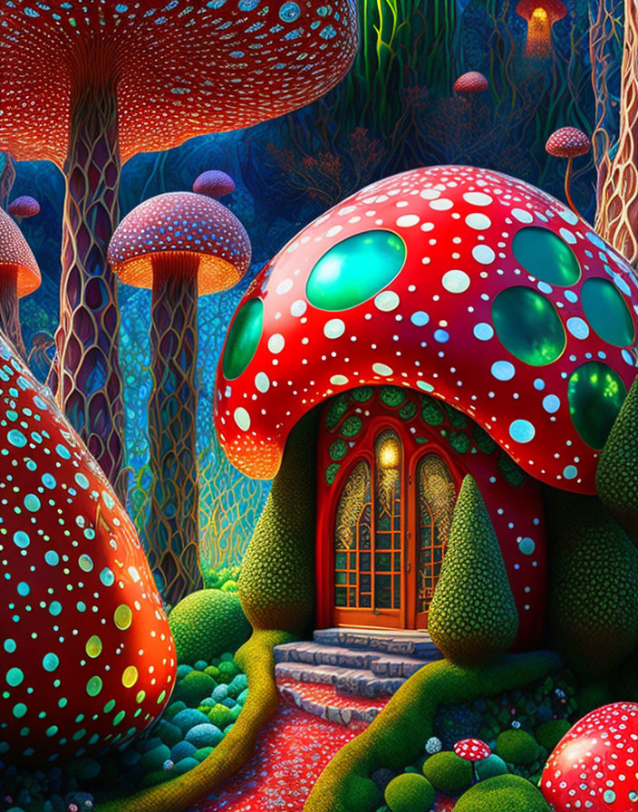 Colorful Mushroom House in Fantasy Forest Illustration