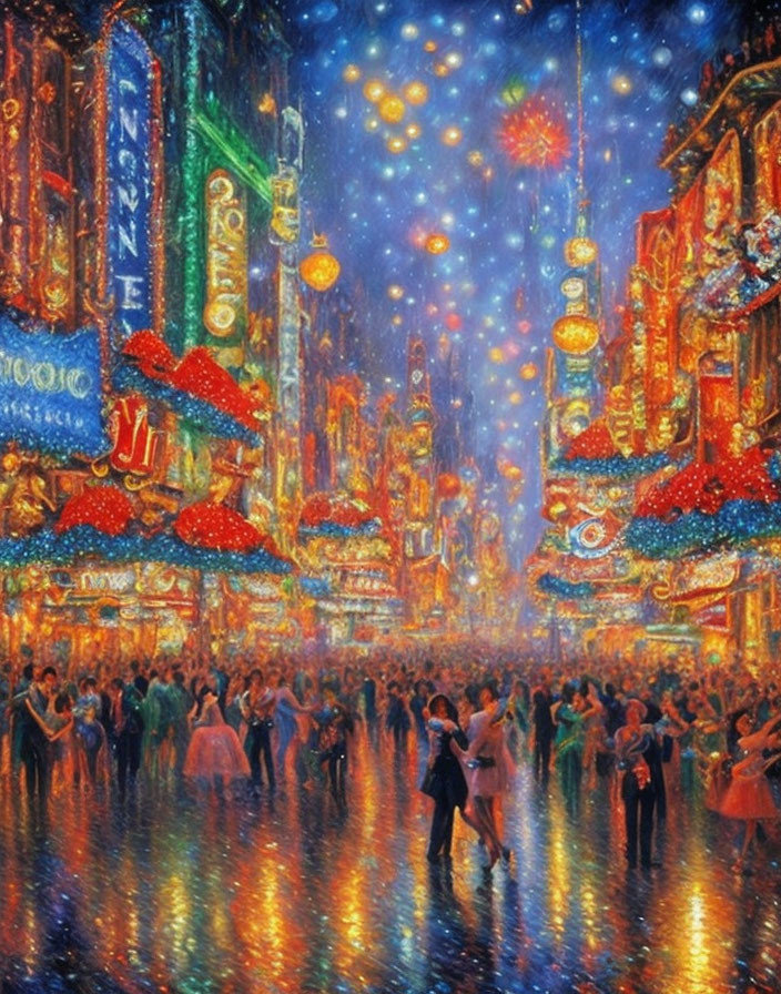 Colorful street scene with dancing crowd and fireworks