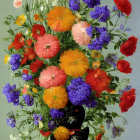 Colorful Flower Bouquet in Black Vase on Grey Background