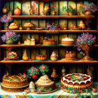 Colorful cakes and pastries on wooden shelves with flowers and fruits in warm lighting