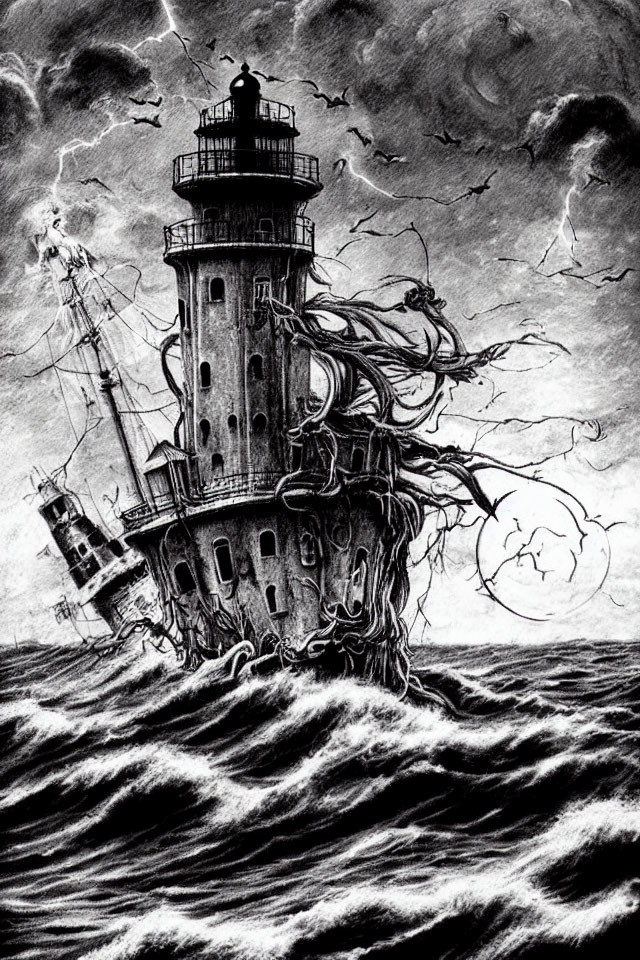 Monochrome lighthouse engulfed by massive tentacles in stormy seas