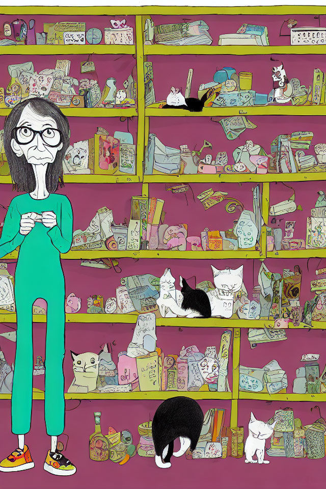 Cartoon of person with glasses surrounded by playful cats and shelves of items