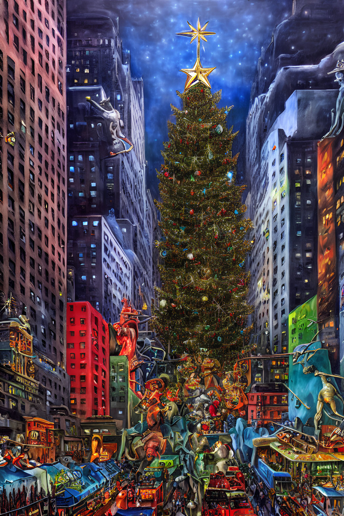 Vibrant Christmas tree painting in cityscape with whimsical characters