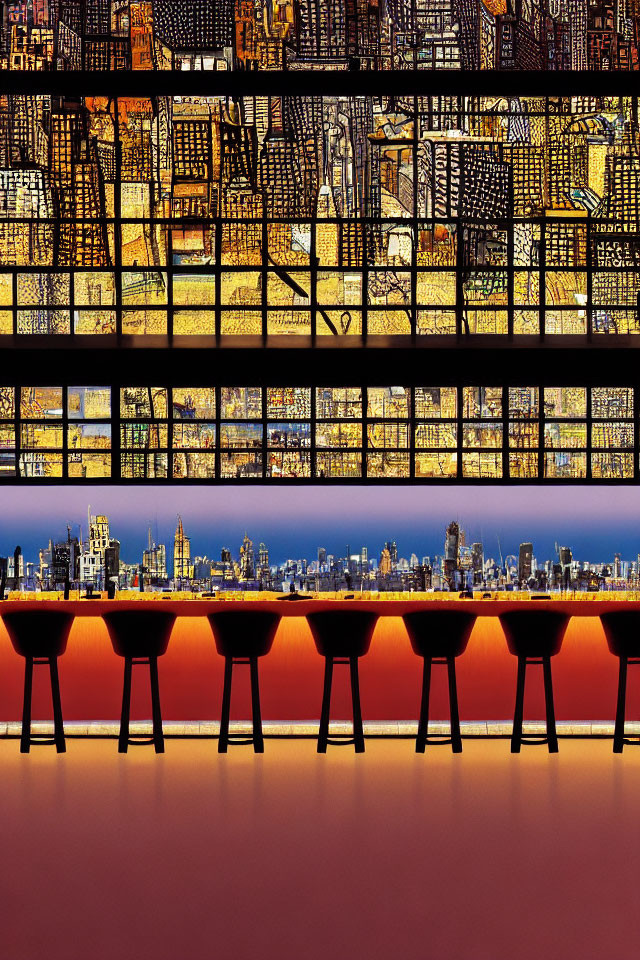 City Skyline View Framed by Luminous Window Panels in Stylish Bar