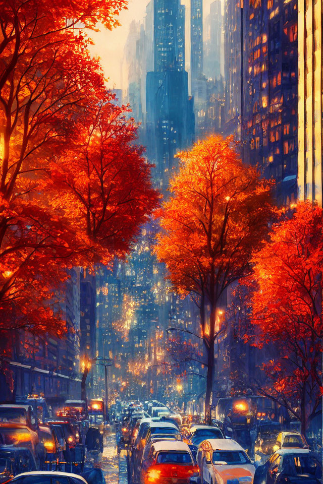 City street at twilight with cars, autumn trees, and tall buildings