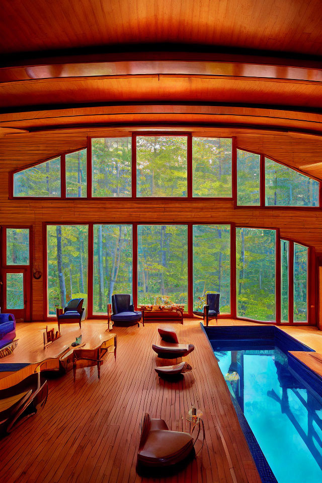 Indoor Pool Room with Forest View and Lounge Chairs
