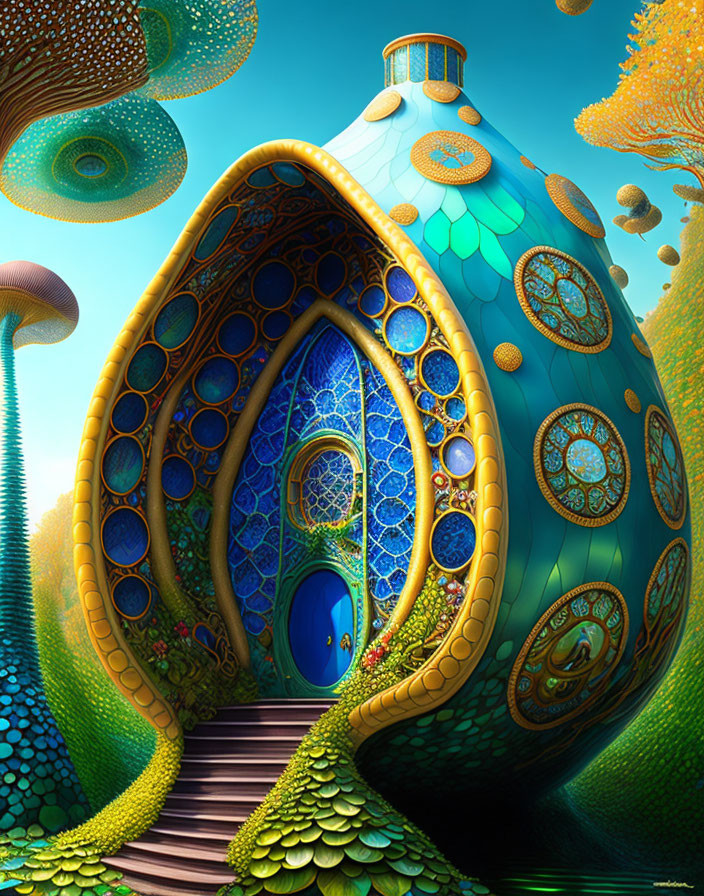 Colorful Illustration: Blue Creature at Organic House Entry