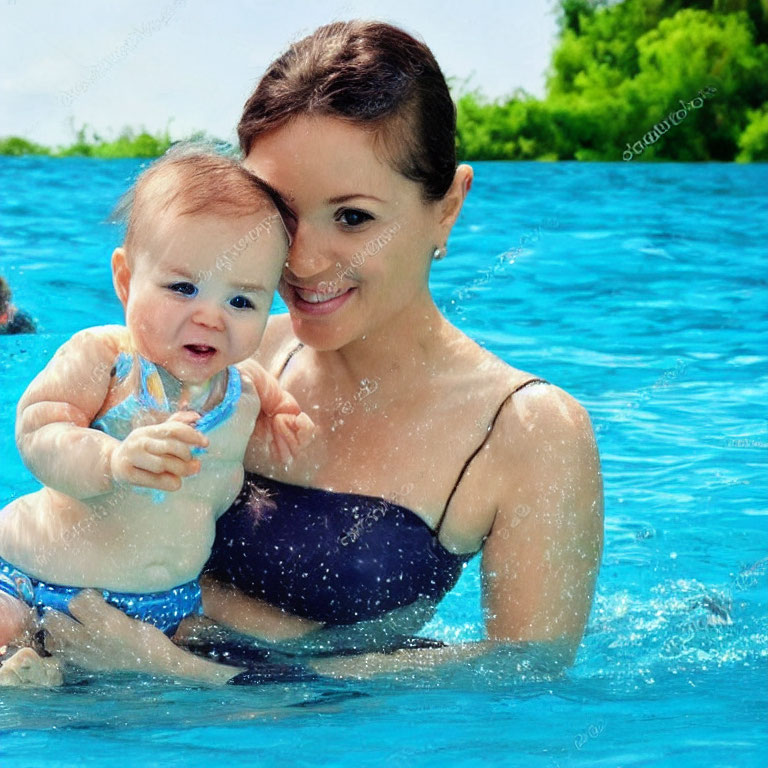Smiling woman and baby in swimming pool with frozen water droplets