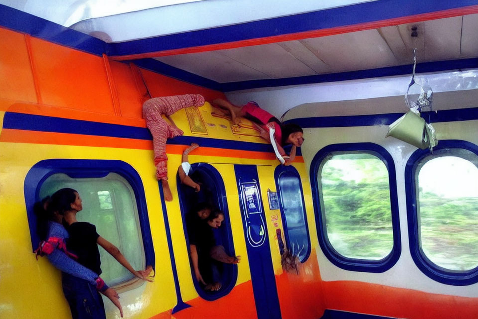 Passengers hanging outside colorful moving train in crowded scene