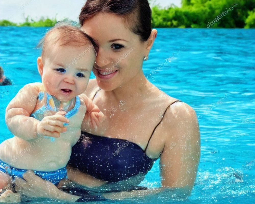 Smiling woman and baby in swimming pool with frozen water droplets