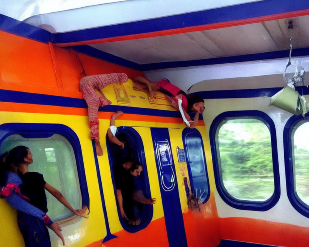 Passengers hanging outside colorful moving train in crowded scene
