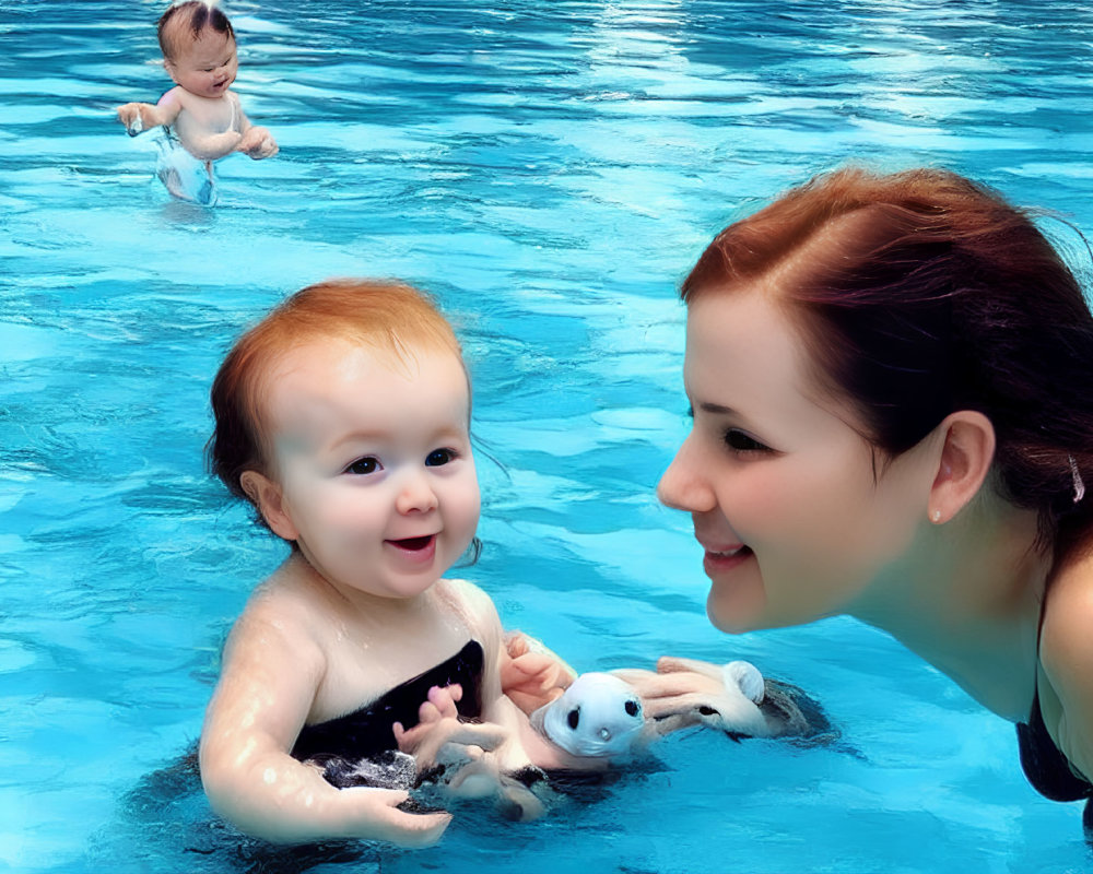 Woman and smiling baby in pool with toy, another child in background