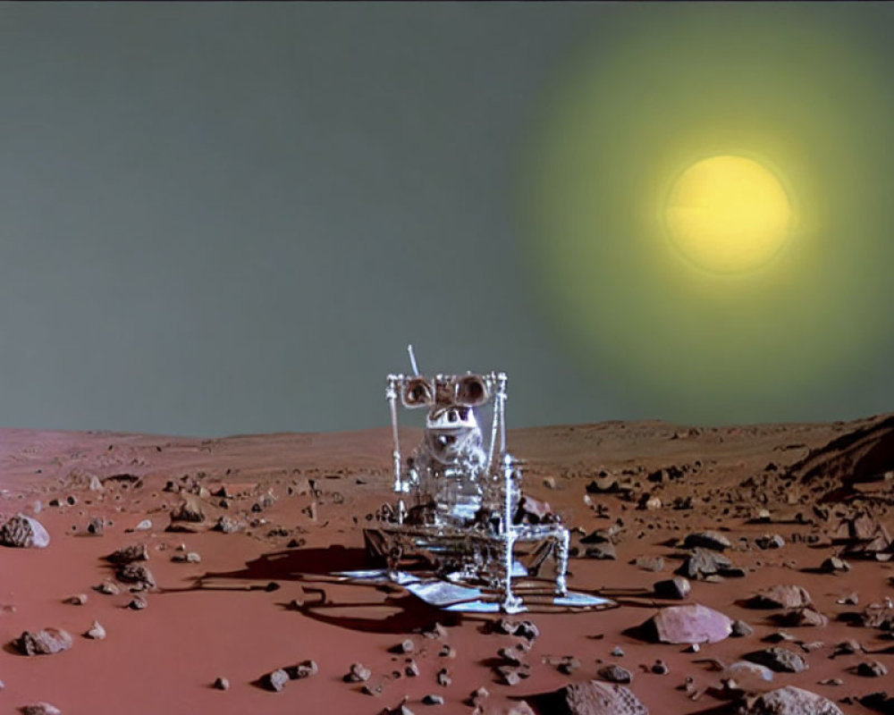 Transparent spectral lunar module on rocky Mars surface under greenish sky
