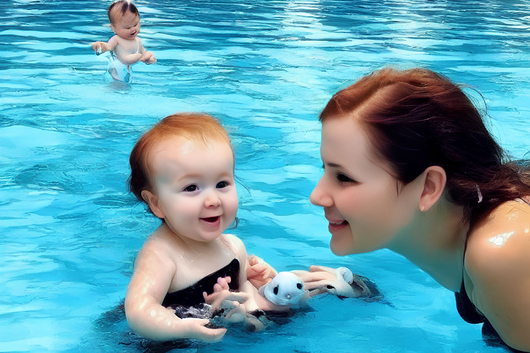 Woman and smiling baby in pool with toy, another child in background