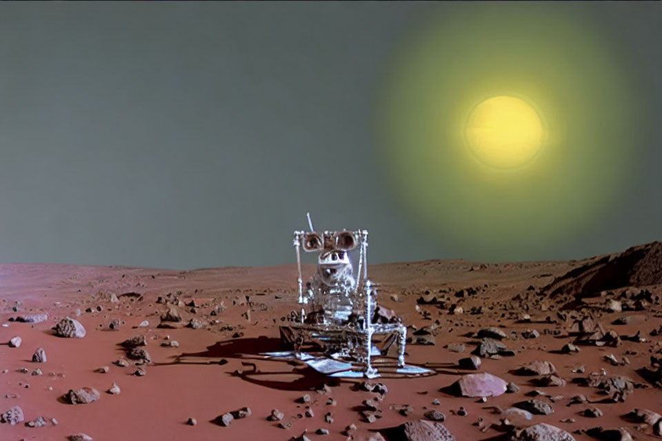 Transparent spectral lunar module on rocky Mars surface under greenish sky