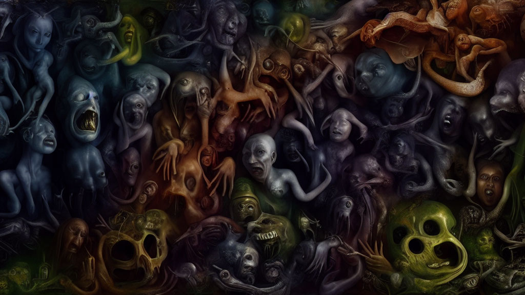 Surreal dark art: Distorted humanoid faces in dense montage