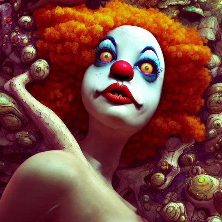 Clown makeup with red nose, white face, and orange hair surrounded by textured details.