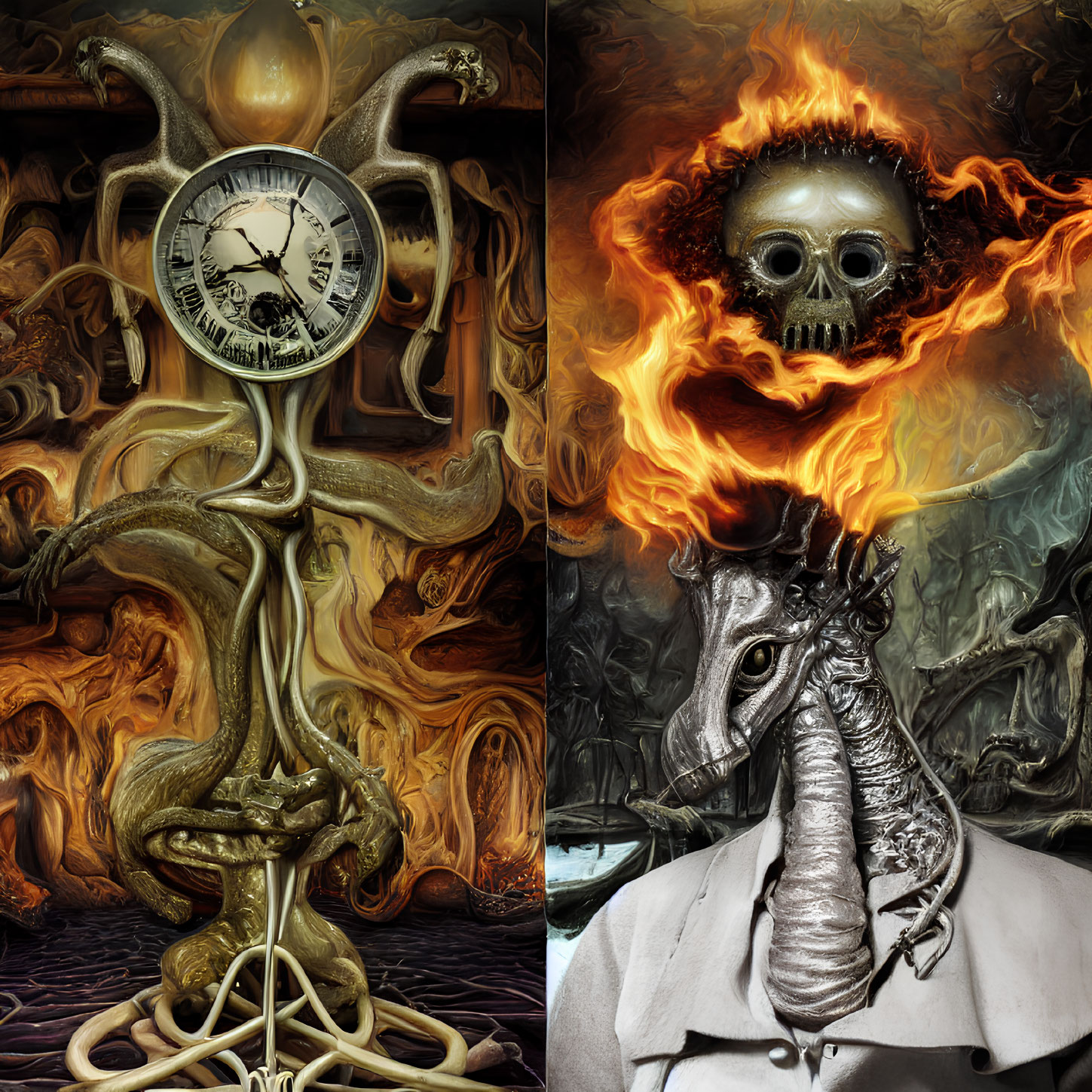 Surreal collage with melting clock tree, fiery skull, smoking seahorse, and Victorian dragon