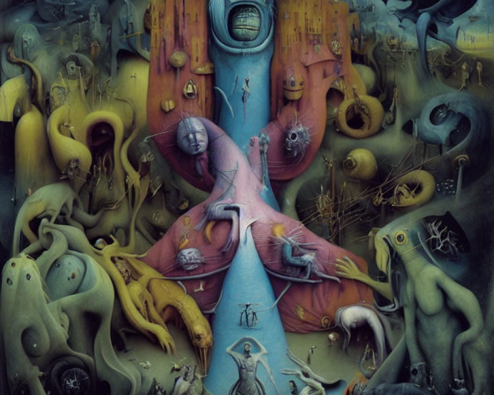 Surreal painting with fantastical creatures and distorted figures
