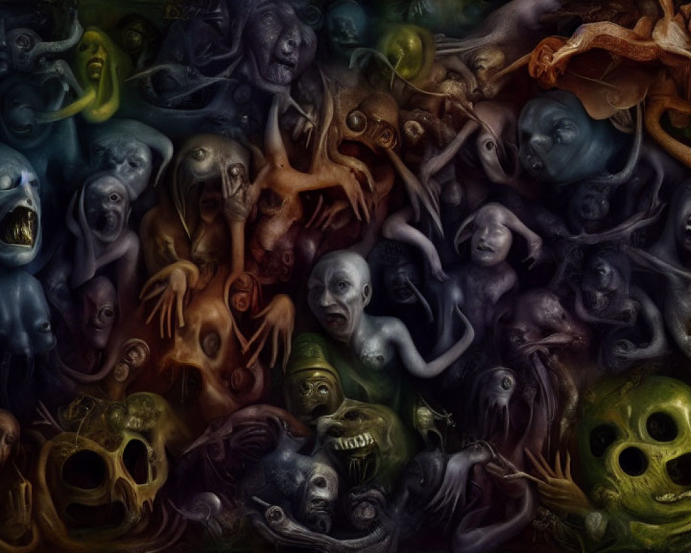 Surreal dark art: Distorted humanoid faces in dense montage