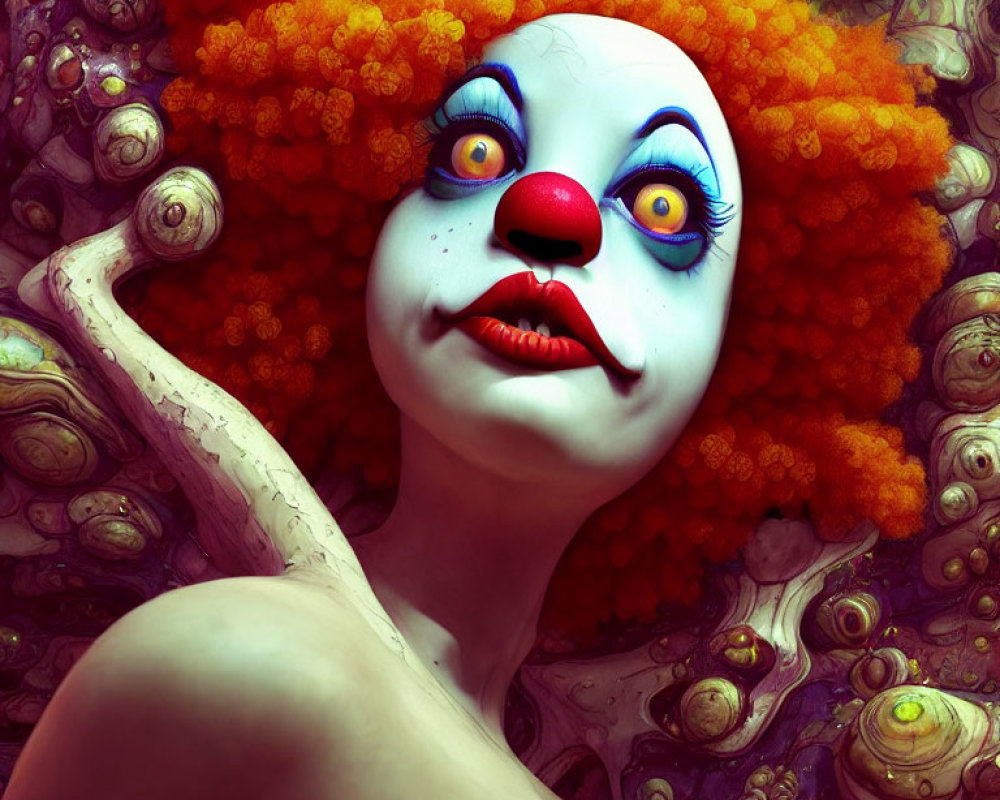 Clown makeup with red nose, white face, and orange hair surrounded by textured details.