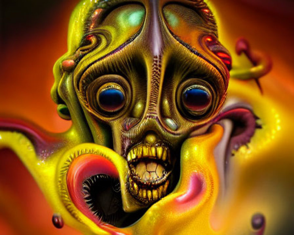 Colorful surreal artwork: Abstract face with large eyes, gaping mouth, and tentacle-like features