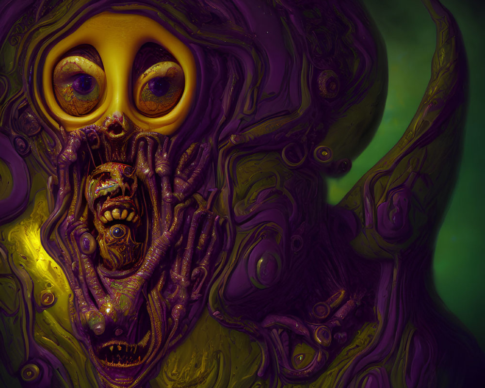 Surreal vibrant artwork with large-eyed character and smaller figures in purple and green swirls