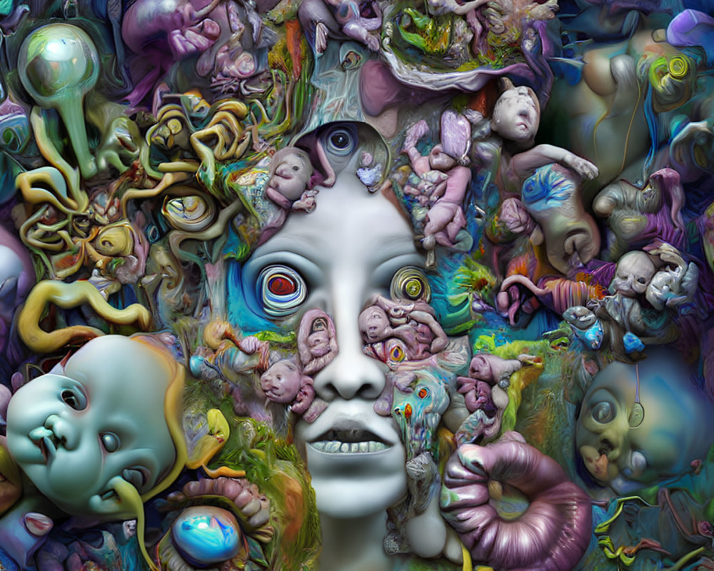 Vibrant surreal digital artwork of faces, eyes, and organic shapes