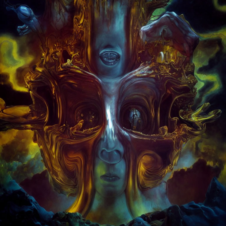 Surrealistic artwork: Central face with multiple eyes in abstract composition