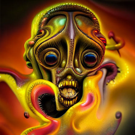 Colorful surreal artwork: Abstract face with large eyes, gaping mouth, and tentacle-like features