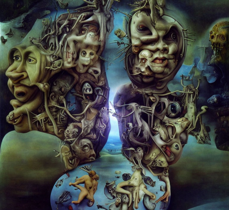 Surreal painting of distorted faces and figures in dreamlike landscape