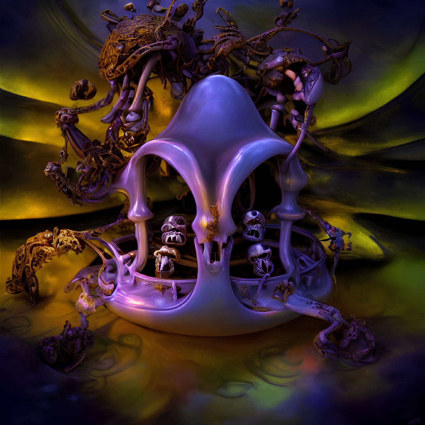 Surreal artwork with skull-like form, violet glow, abstract swirls, and metallic structures