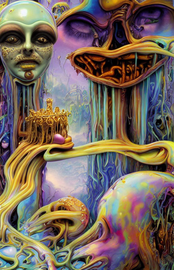 Colorful surreal faces with melting textures and crown in psychedelic art