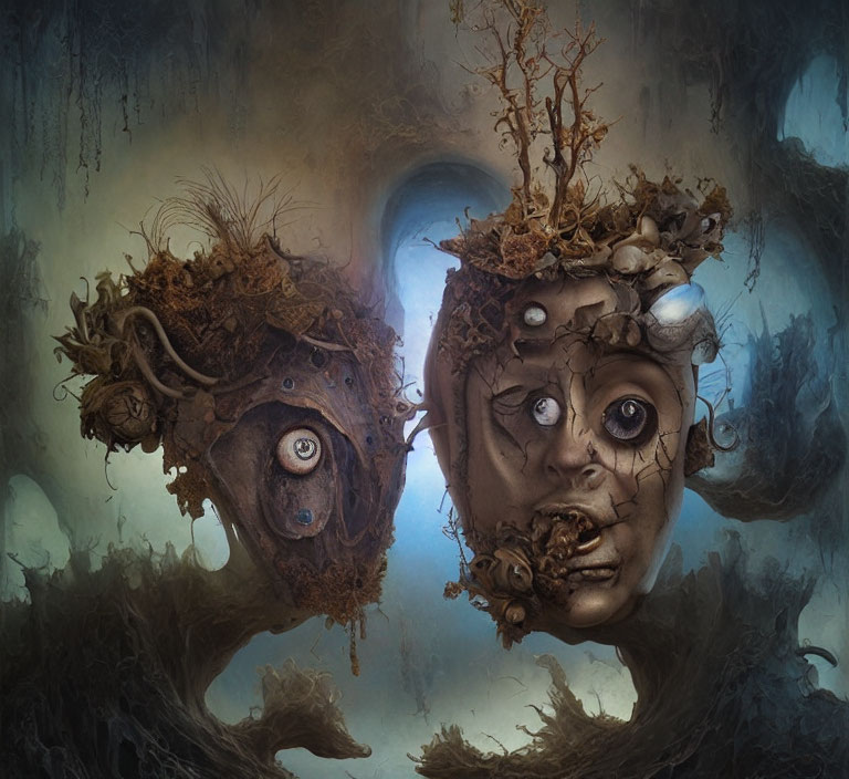 Surreal Artwork: Two Faces, Decomposing with Wildlife, Stunned Against Moody Backdrop