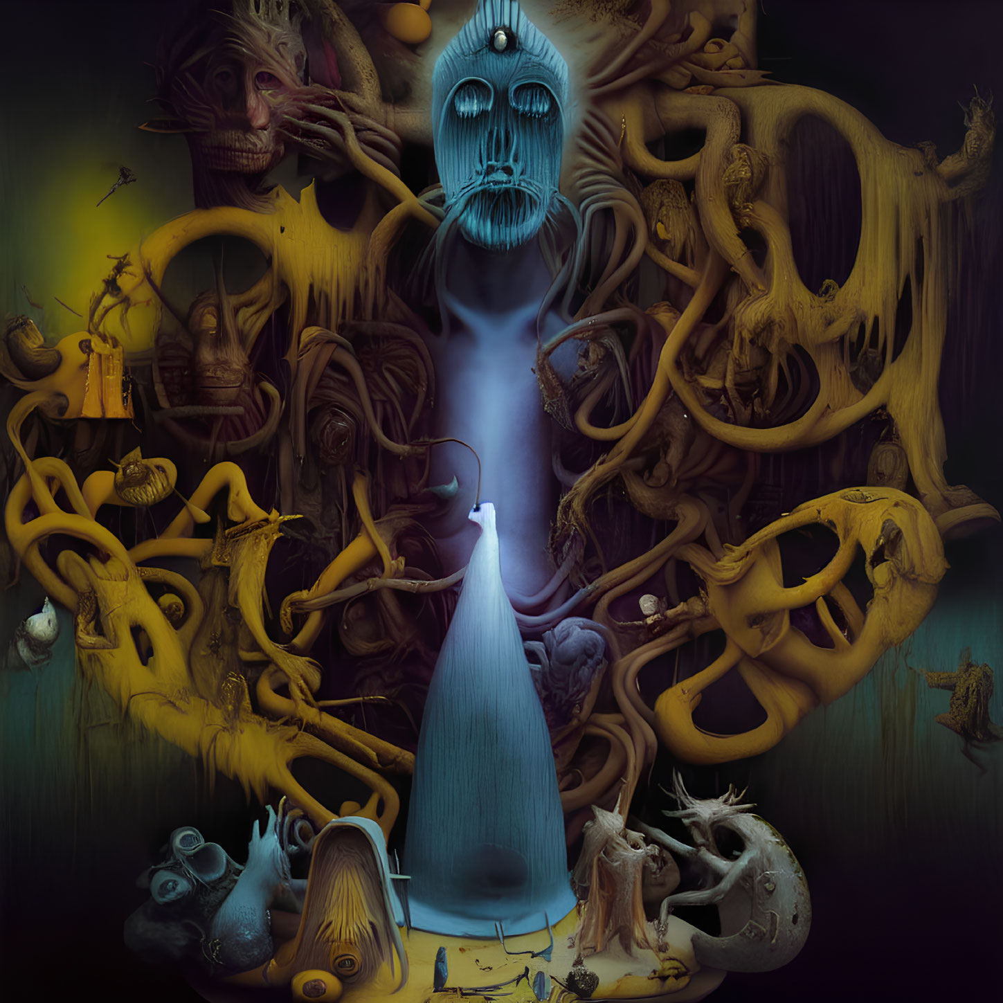 Dark surreal painting with blue figure, twisted roots, bizarre creatures, haunting faces.
