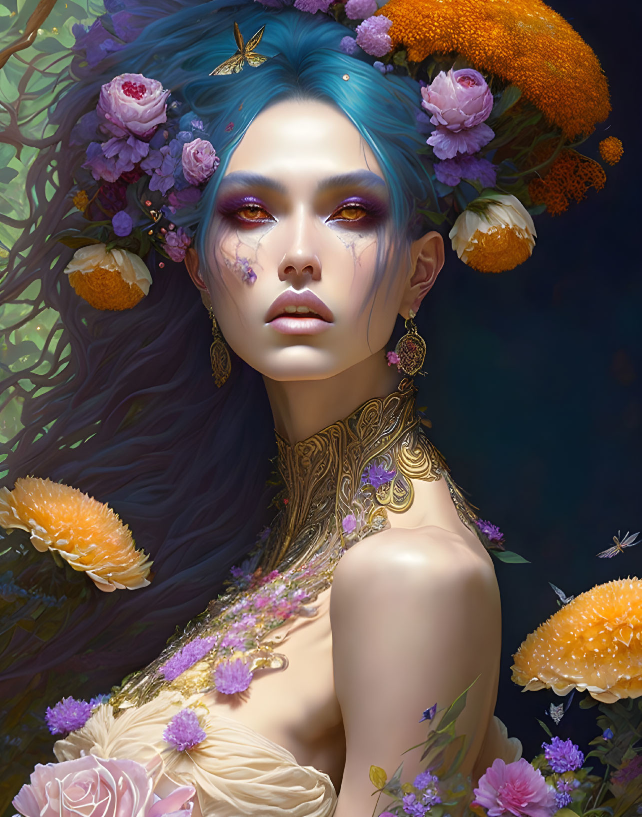 Fantasy portrait of woman with blue hair, adorned with flowers, butterflies, gold tattoos, and vibrant