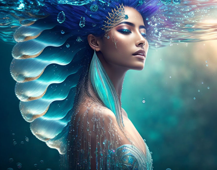 Fantasy portrait of woman with blue and aqua ocean wave hair and seashell accessories