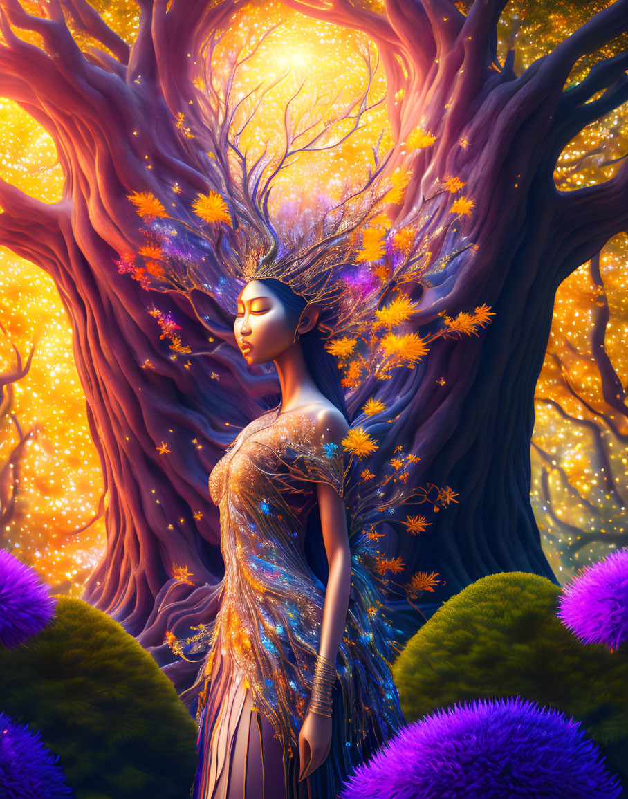 Illustration of woman with tree-like crown in enchanted forest