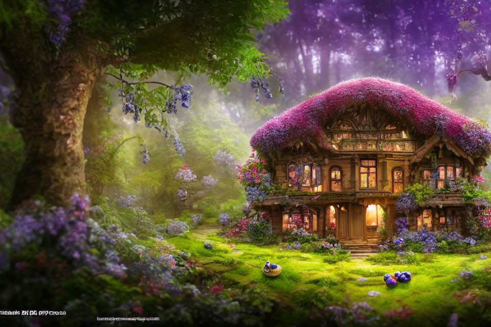 Whimsical cottage surrounded by purple flowers in lush forest clearing