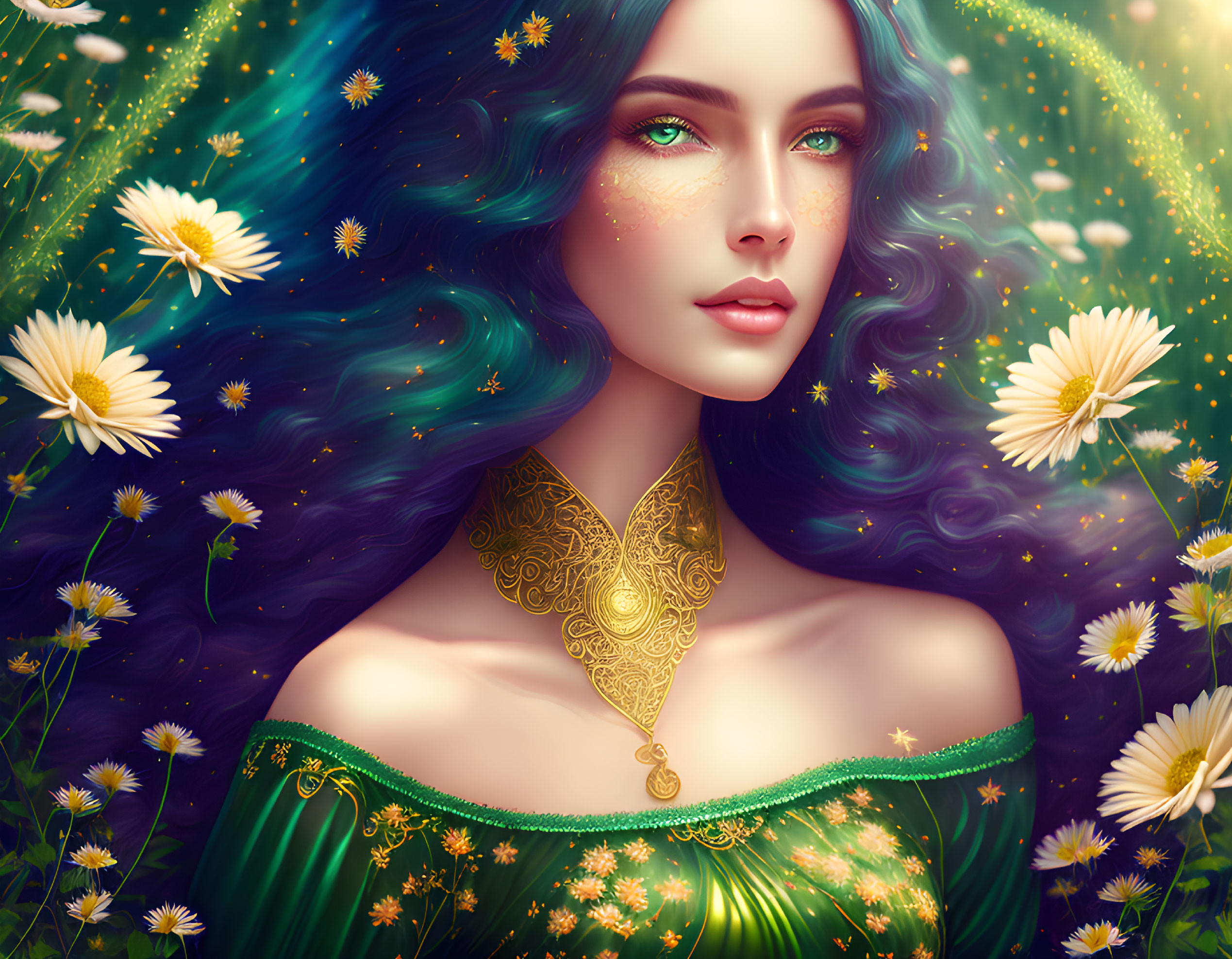 Portrait of woman with blue hair, green eyes, golden jewelry, daisies, starry backdrop