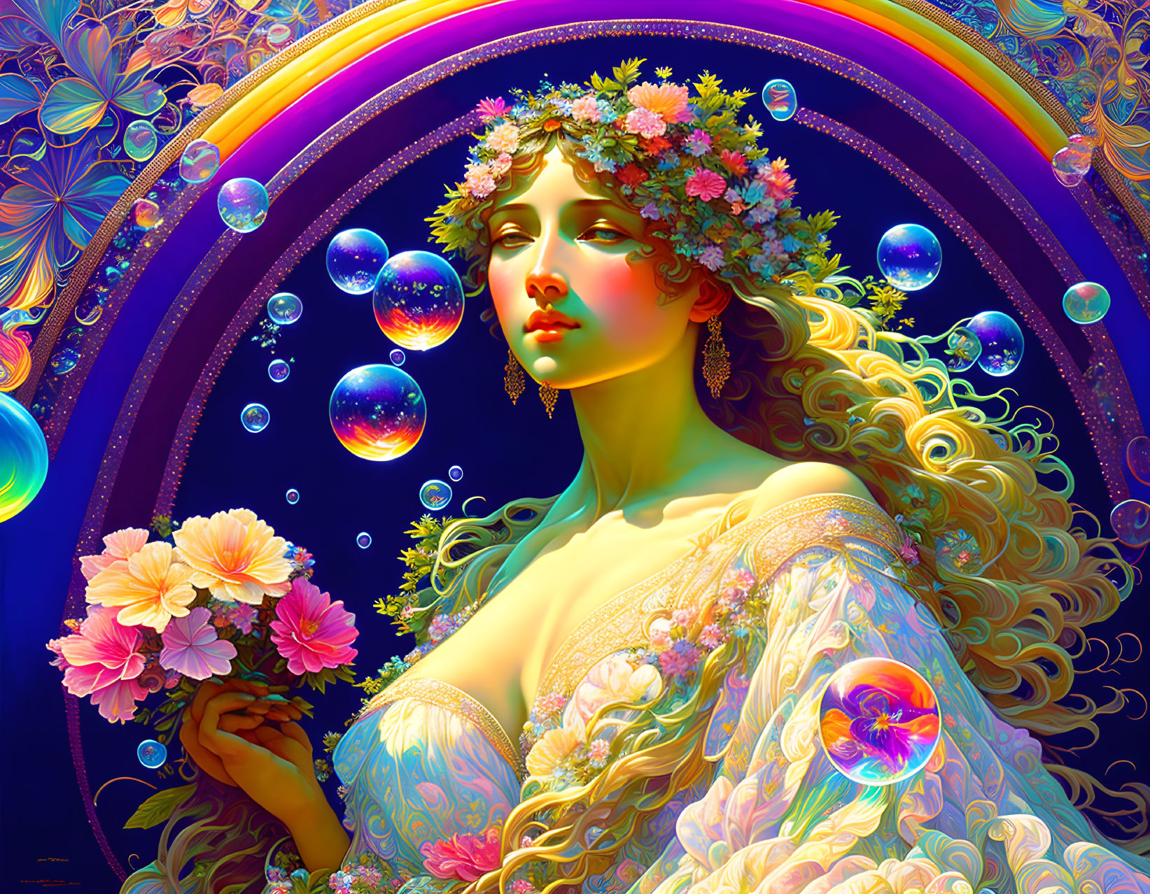 Colorful Woman with Floral Crown and Flower in Bubble-filled Scene